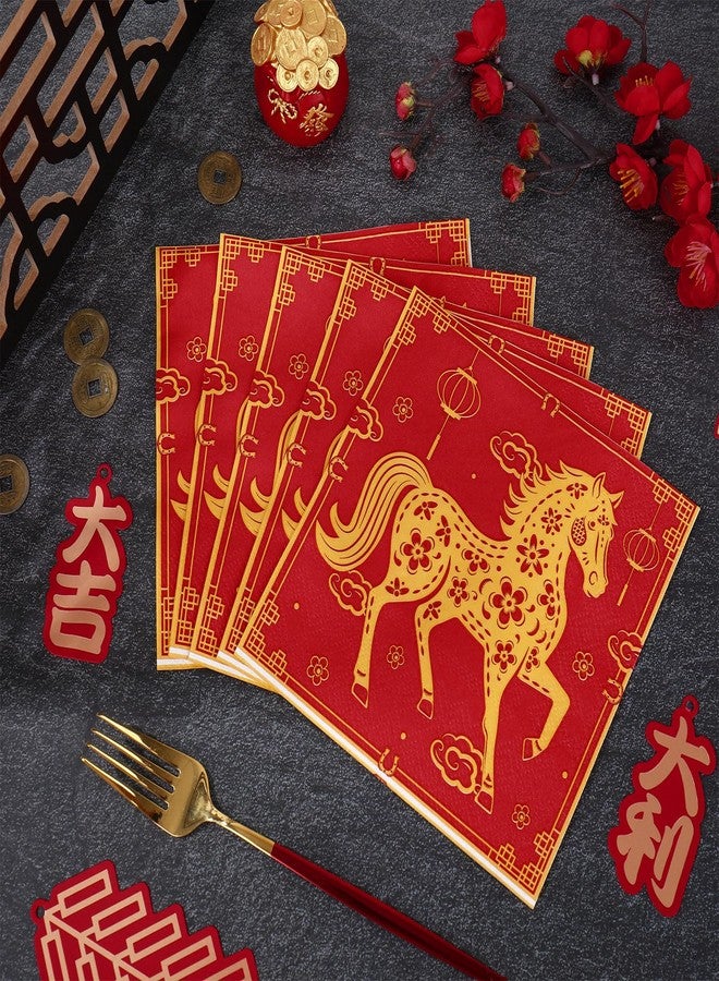 Whaline 80 Pcs Chinese New Year Luncheon Napkins Disposable Paper Napkin Decorative Chinoiserie Red Gold Horse Dessert Dinner Hand Napkin for Spring Festival Lunar New Year Party Supplies Table Decor - Image 4